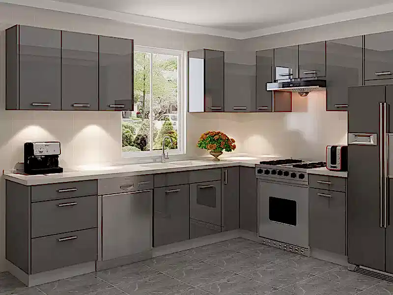 Gri Mutfak Dolabı Modelleri ve Renkleri 16 parlak gri mutfak dolabı